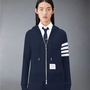 Thom Browne Four Bar Hoodie in Navy with White Stripes